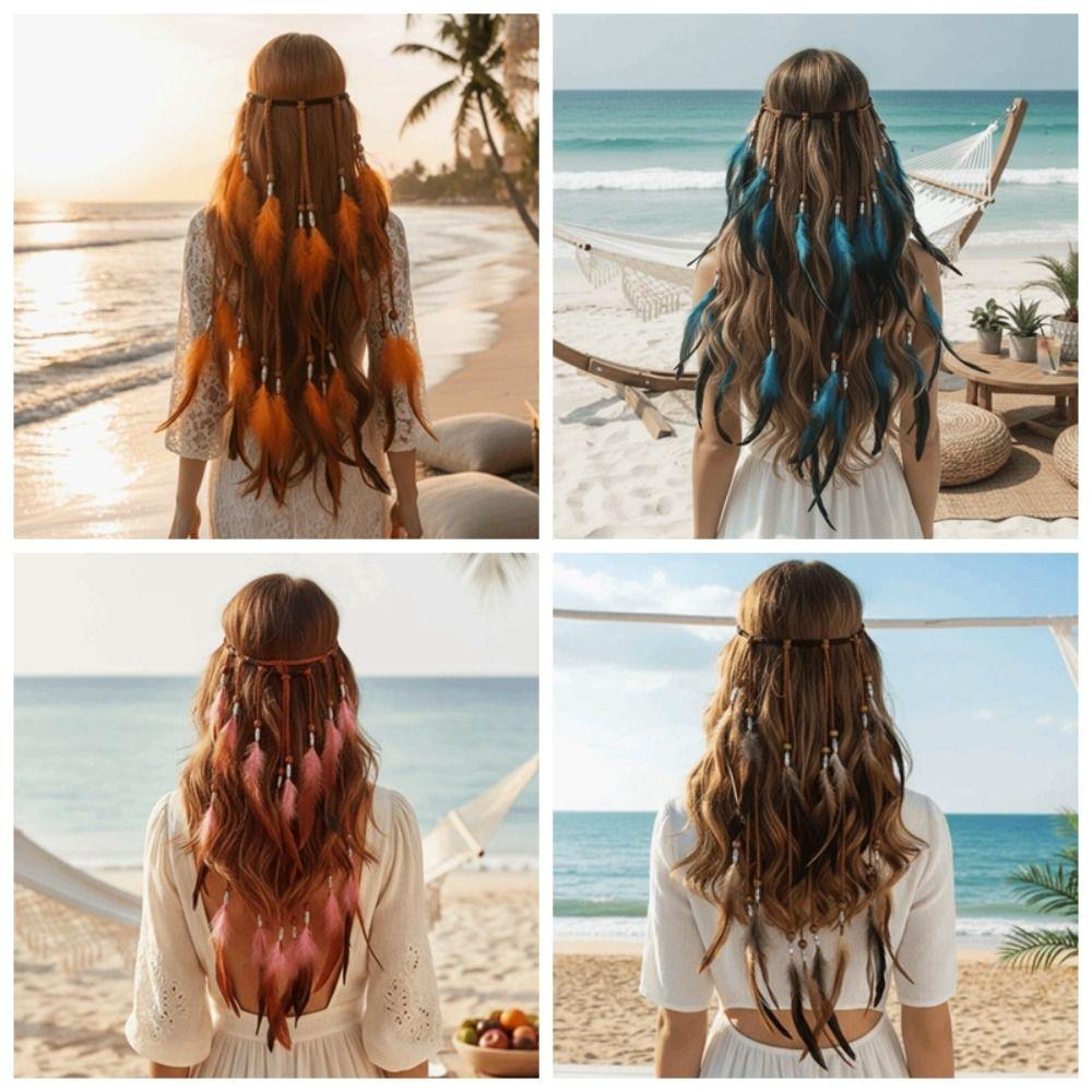 Synthetic Braided Cord Boho Feather Headpiece Adjustable Slide Bead Multi-strand Design Tribal Hair Extension