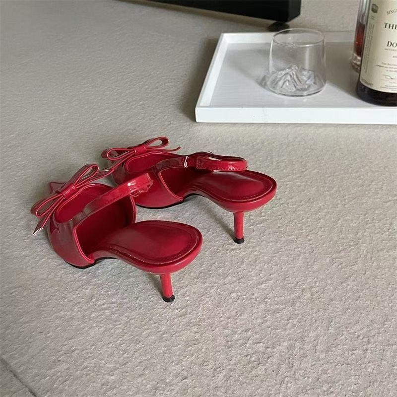 Temperament high heels celebrity fashion empty single shoes women's pointed head bow bag head sandals 2025 spring and autumn new