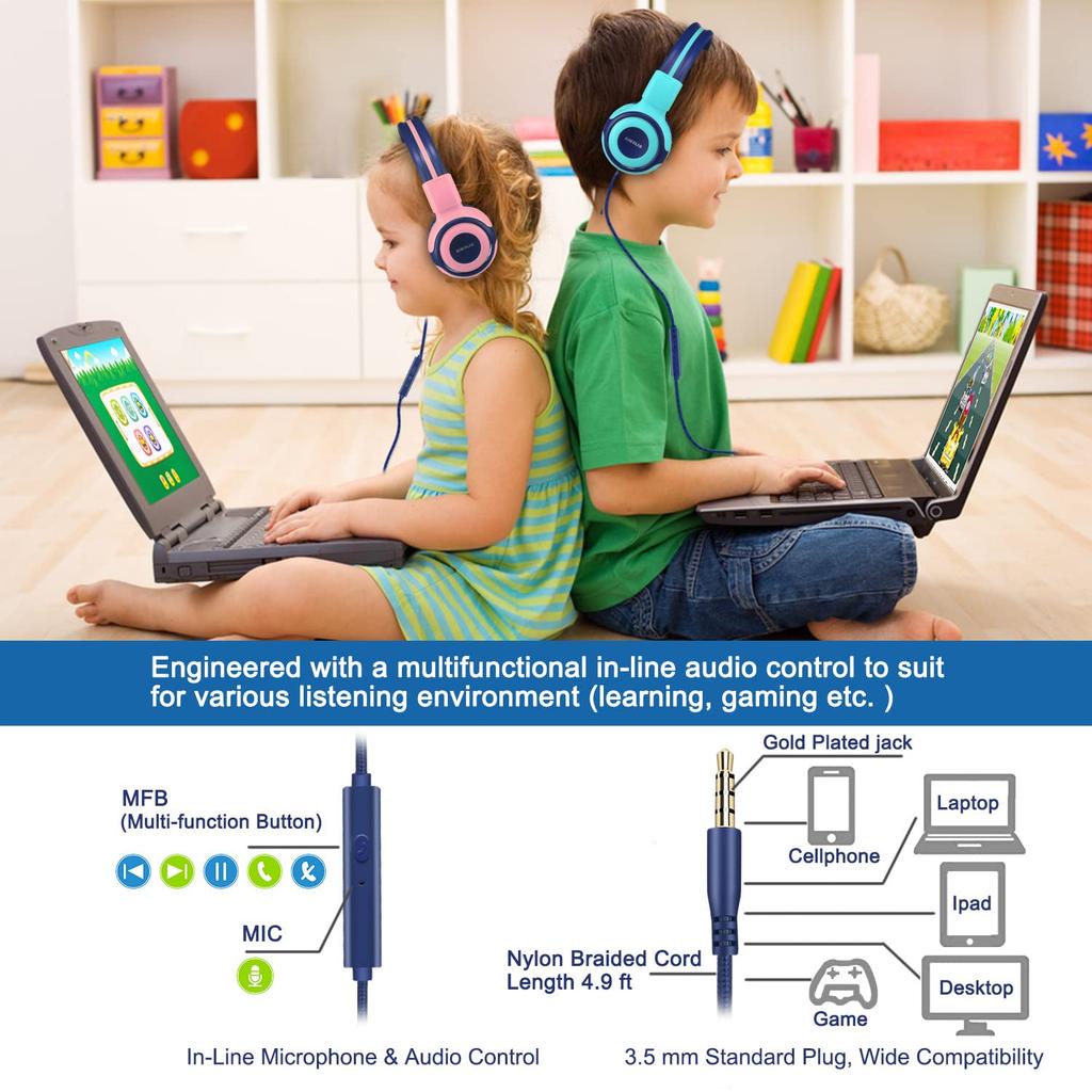 SIMOLIO Kids' Headphones with Shared Port, Microphone, and Volume Limiting for Kids, Boys, Girls, and Teens, Wired Headphones with 3.5mm Stereo Plug