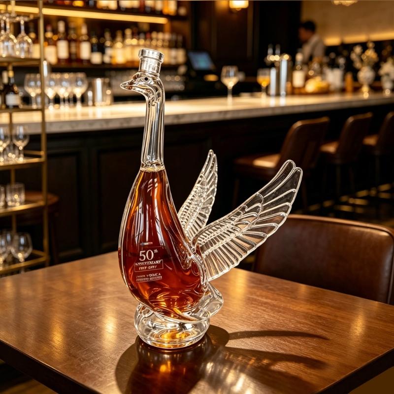 Bird Shaped Glass Whiskeys Decanter Clear Liquor Bottle with Sculptural Wing Detail and Stable Base for Bar Shelf Display Dining Table