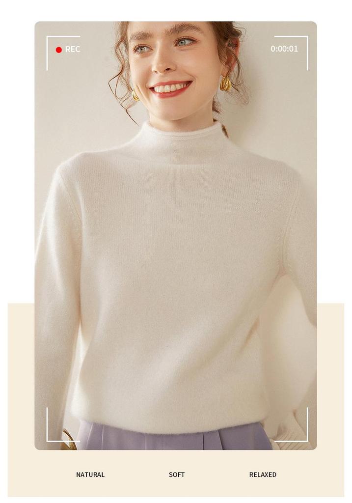 Women's Rolled Hem Wool Sweater - Autumn/Winter Casual, Versatile, Half-High Collar Knitwear