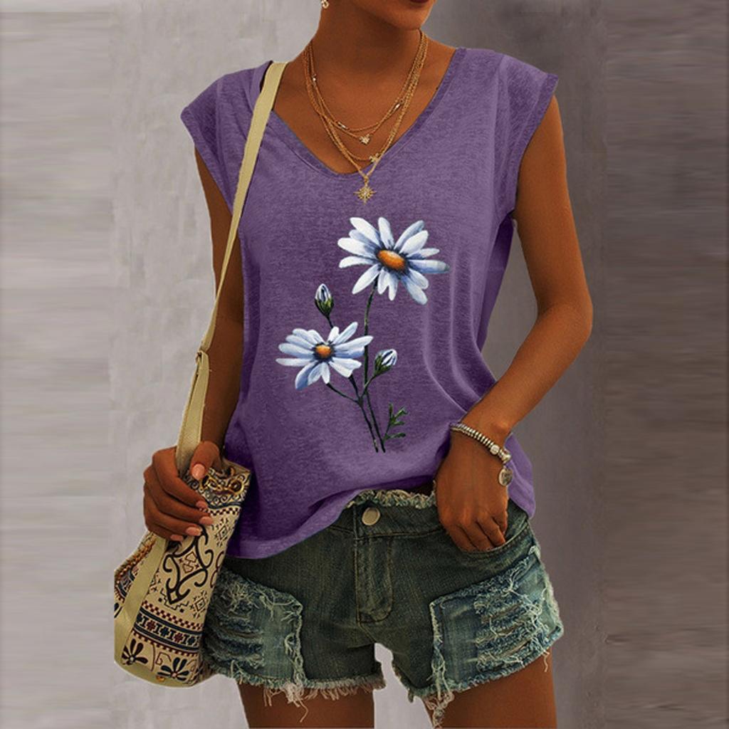 Women's V-Neck T-Shirt Casual Cap Sleeve Vest Print Loose Blouse Fit Tank Tops