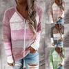 Women Casual Patchwork V-Neck Long Sleeves Zipper  Sweater Blouse Tops
