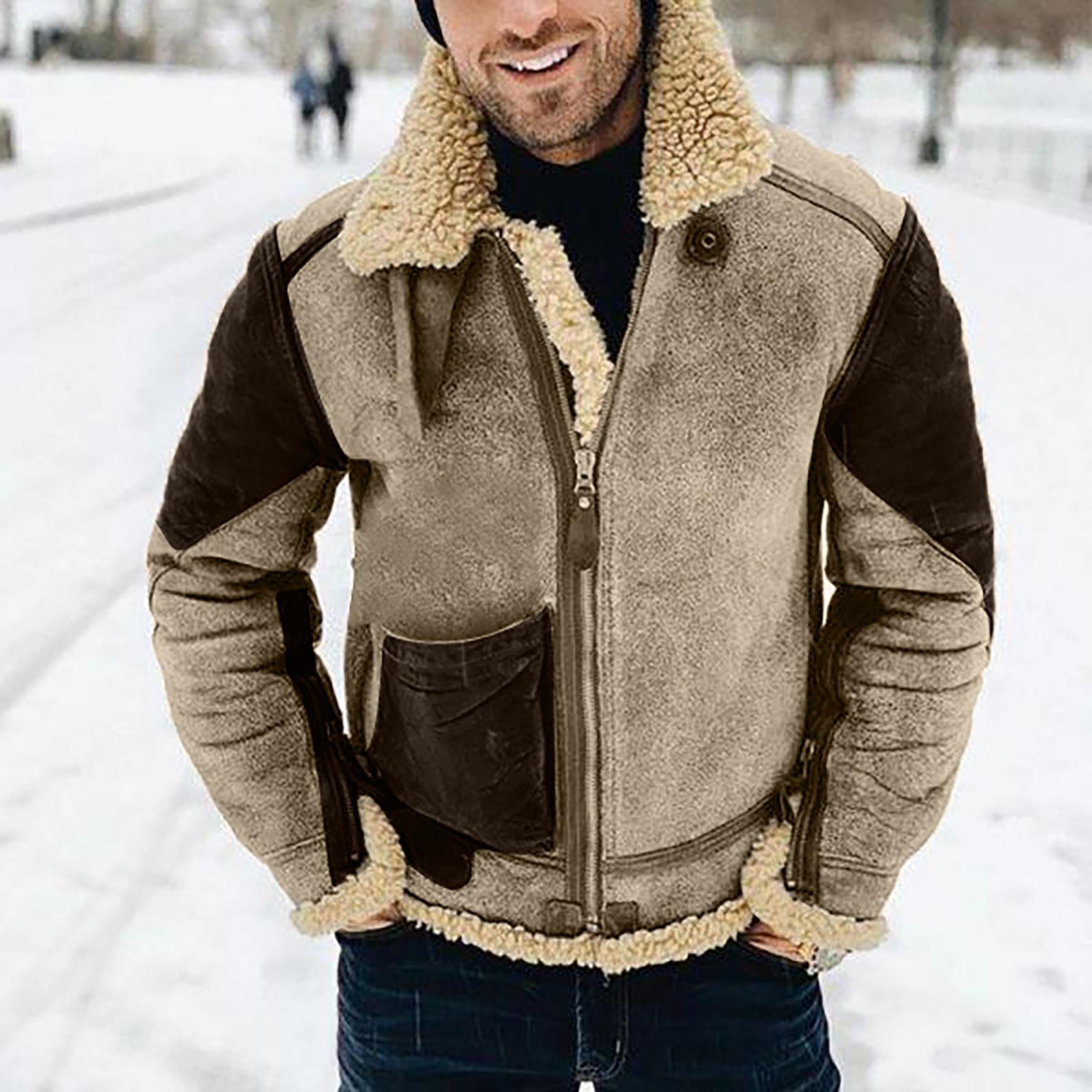 Men s Winter Warm Jacket With Thick Lapel And Color Matching Imitation Leather XXL