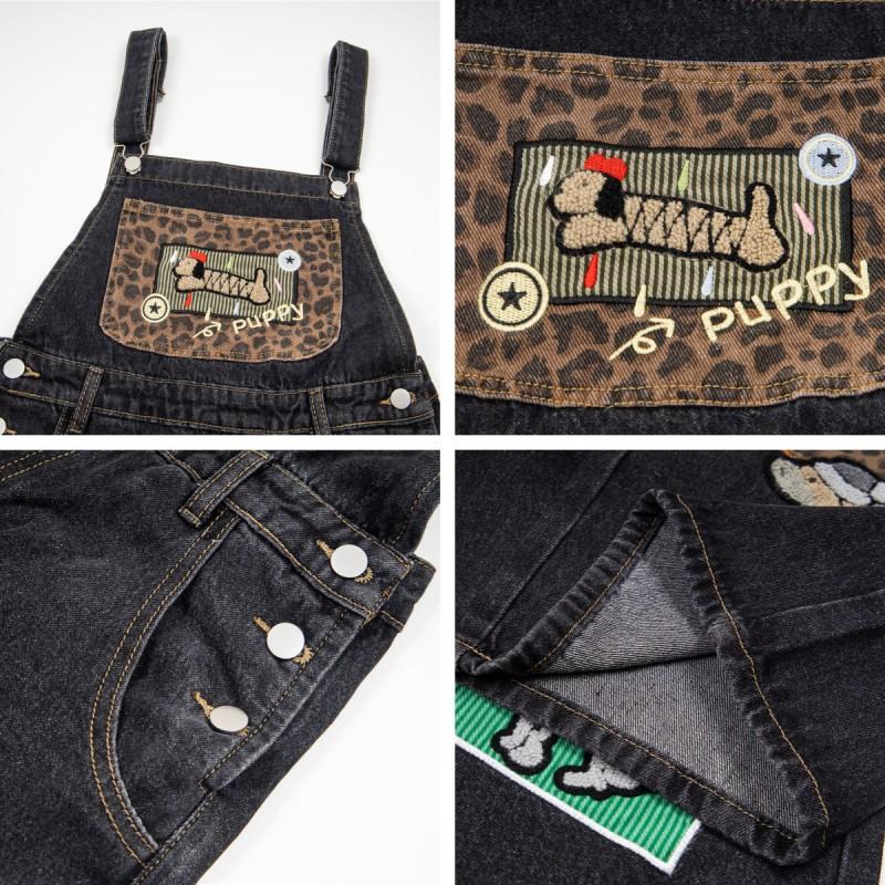 American Vintage Denim Overalls Men Women Leopard Patchwork Loose Wide Leg Embroidery Casual Jeans