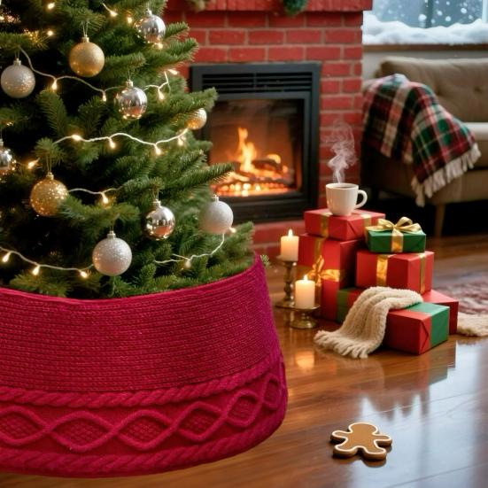 Knitted Christmas Tree Collar Cable Knit Christmas Tree Base Cover for Artificial Trees Rustic Farmhouse Tree Ring for Holiday Home Decor