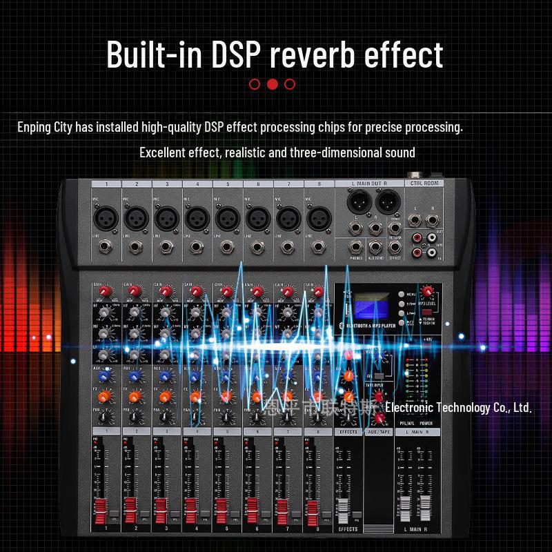 CT8 Professional 8-Channel DJ Mixer Console with USB, Bluetooth, and Monitoring for Stage, Band, and Conference Performances.