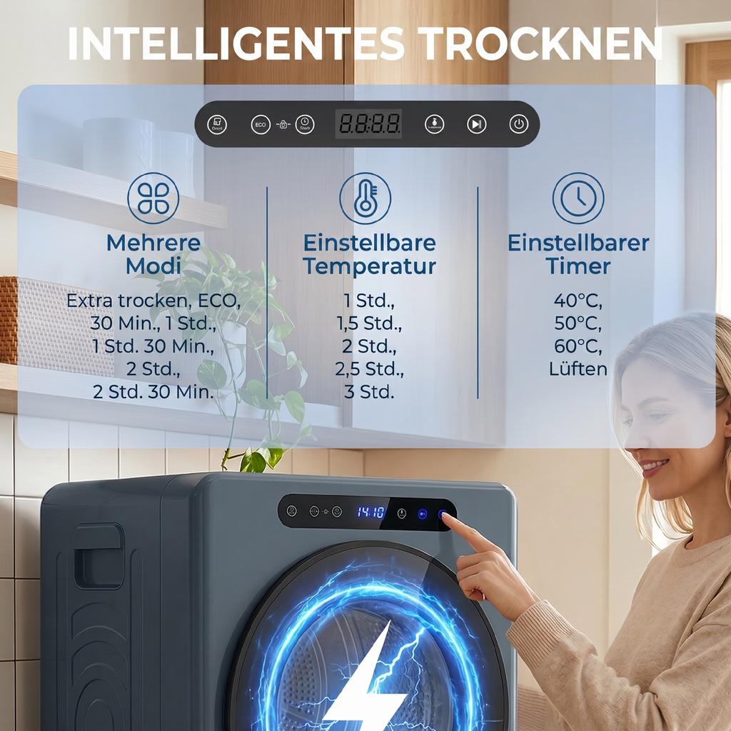 5kg Kondenstrockner, 1000W Kompakter Freistehender Frontlader Wäschetrockner mit Edelstahl-Trommel, Timer, Blau