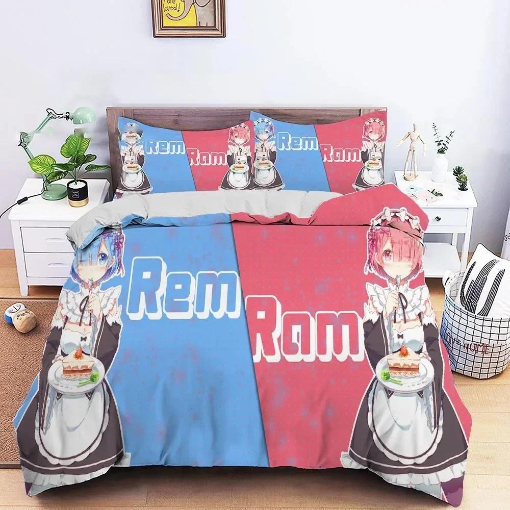 3D Anime Re Zero Rem Ram Printed Bed Set Duvet Cover Pillowcase Bedding Set Bed Linen Sheet Quilt Cover Full Queen King Size