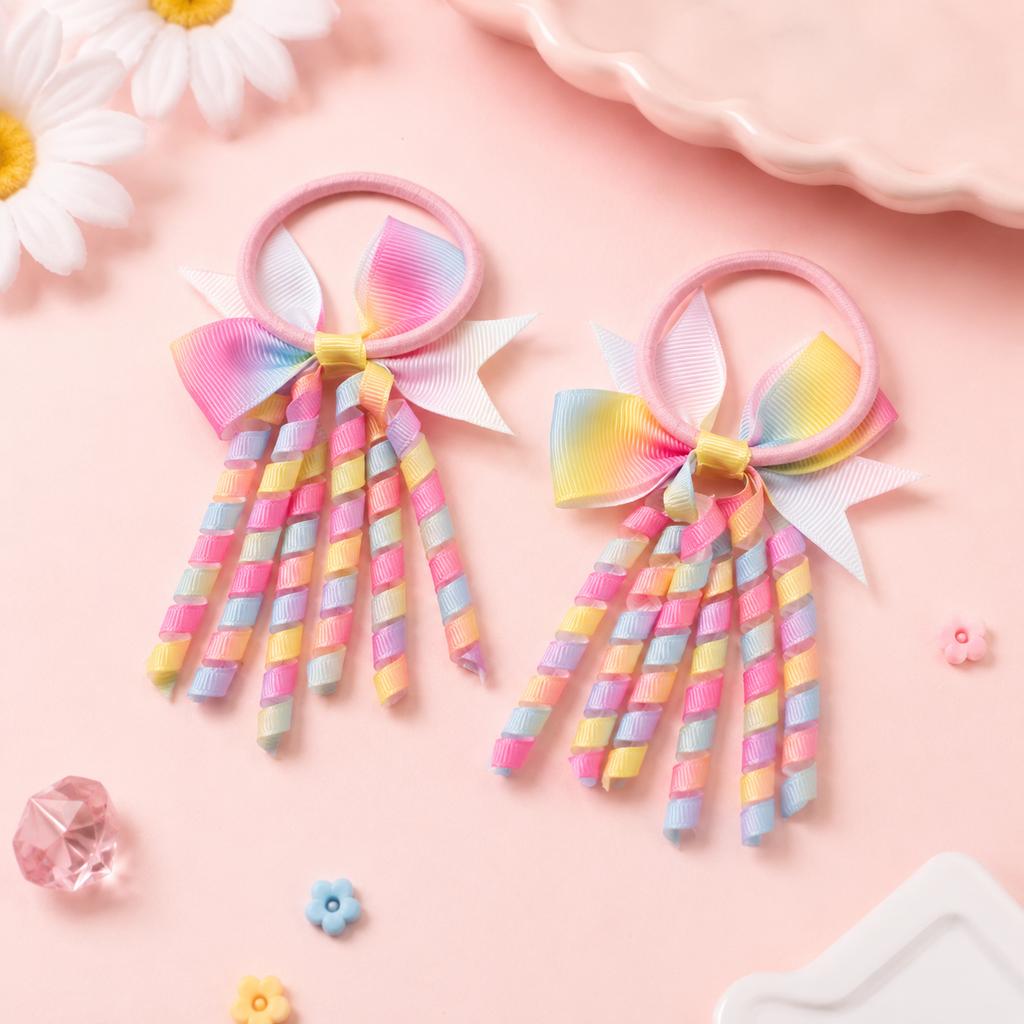 2Pcs Colorful Gradient Grosgrain Ribbon Bow Hair Ties for Kids Girls Curly Tassel Streamer Ponytail Holders Cute Hair Elastics