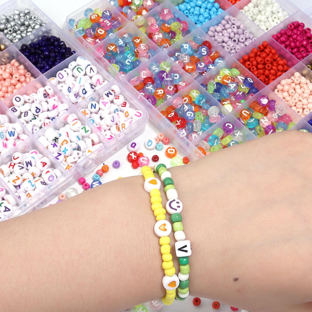 24 Grids 4mm Glass Seed Beads Set Colorful Rice Beads Letter Beads For Jewelry Making DIY Bracelet Necklace Earrings Accessories