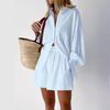 Costum de vară pentru femei, ocazional, cămașă cu mâneci lungi, pantaloni scurti, culoare solidă, set din două piese