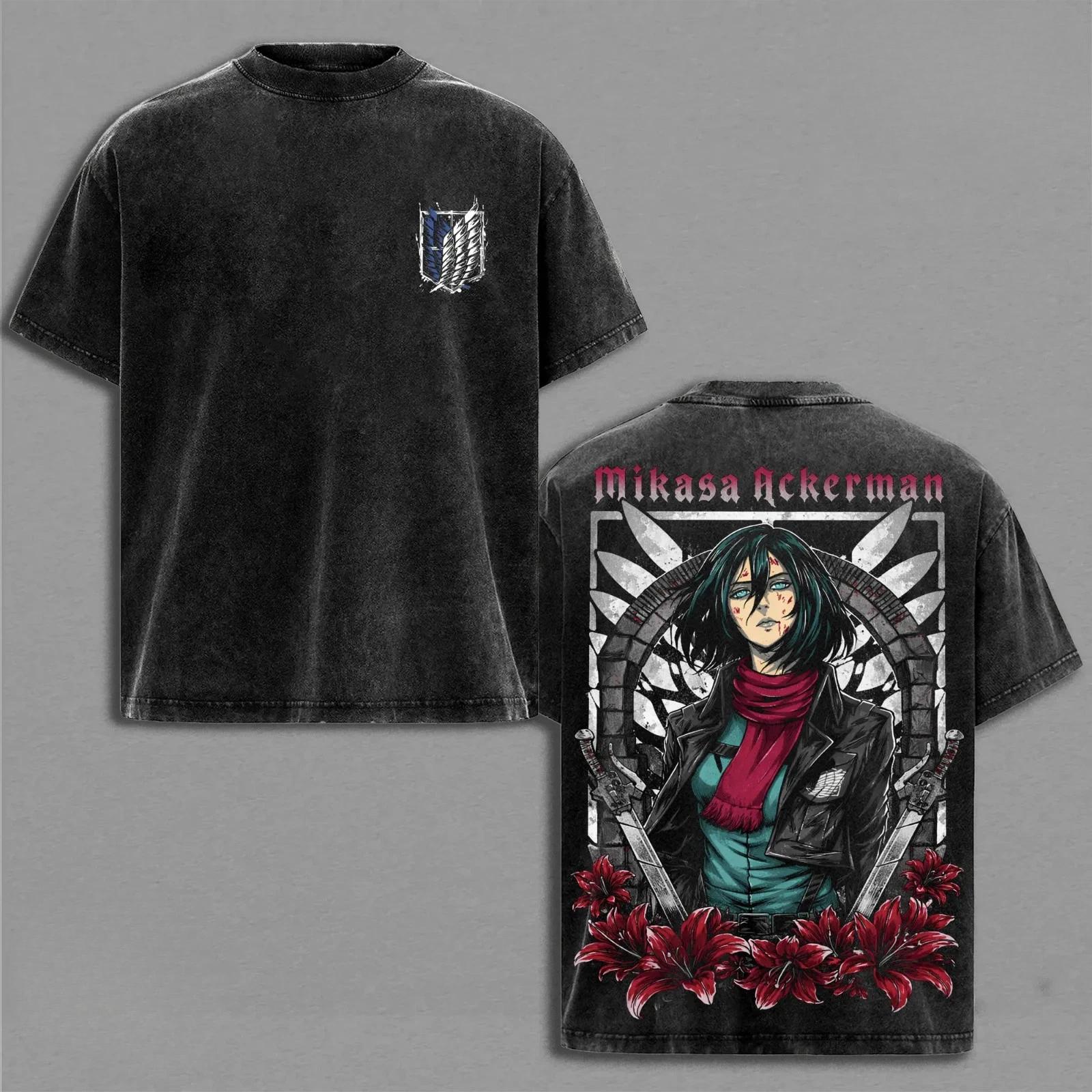

Mikasa Ackerman Printed Tee Anime Attack On Titan Clothing Men Women Retro Washed T-shirts Casual Tshirt Harajuku Cotton T Shirt XXL чорний