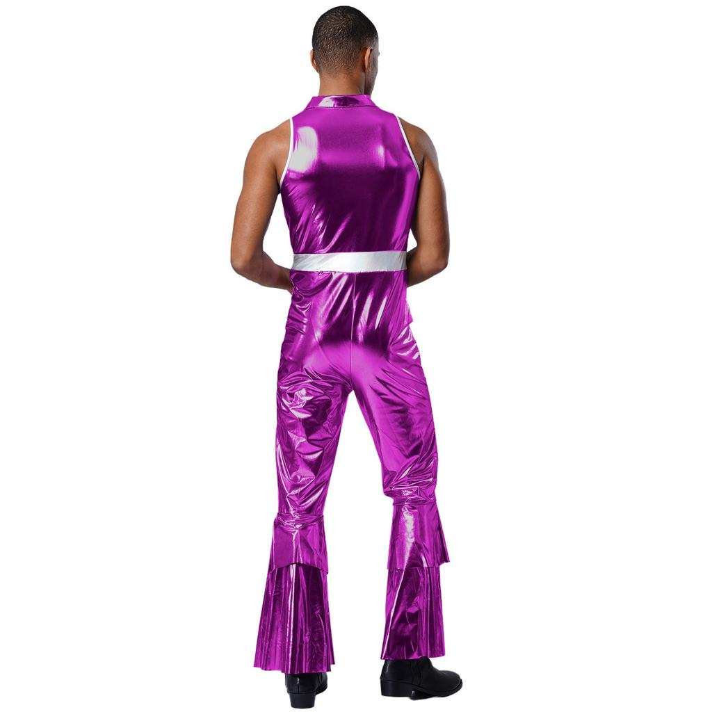 Mens 70s Jumpsuit Shiny Metallic Lapel Collar Sleeveless High Waist Flared Pants Disco Dance Singer Outfit