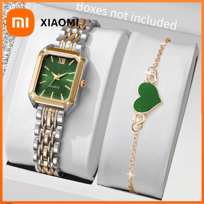 2PCS Fashion Rectangle Women Quartz Watch Heart Bracelet Set Ladies Roma Dial Wristwatch Reloj Mujer Girls Clock (Without Box)