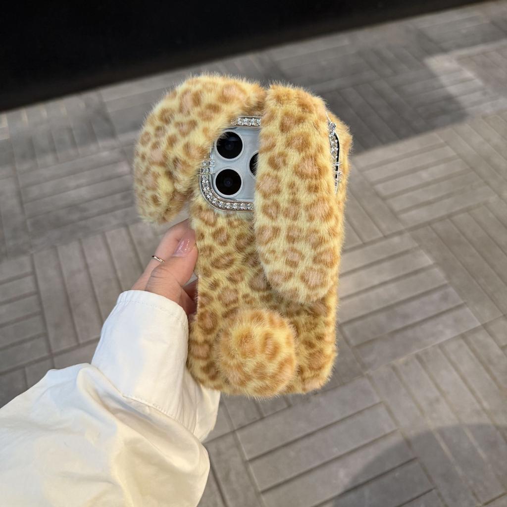 Brick Frame Leopard Print Rabbit Ears for Apple 17Promax Mobile Phone Case iPhone16 Plush 15 Women 14/13