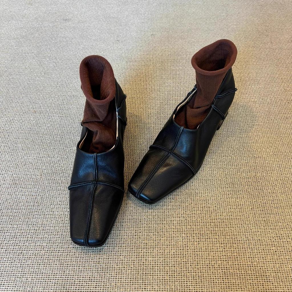 Nische vielseitige Ein-Pedal Tiefmaul kleine Lederschuhe Damen 2025 neu Retro-Stil eckige Spitze schlicht dicker Absatz weiche Lederschuhe