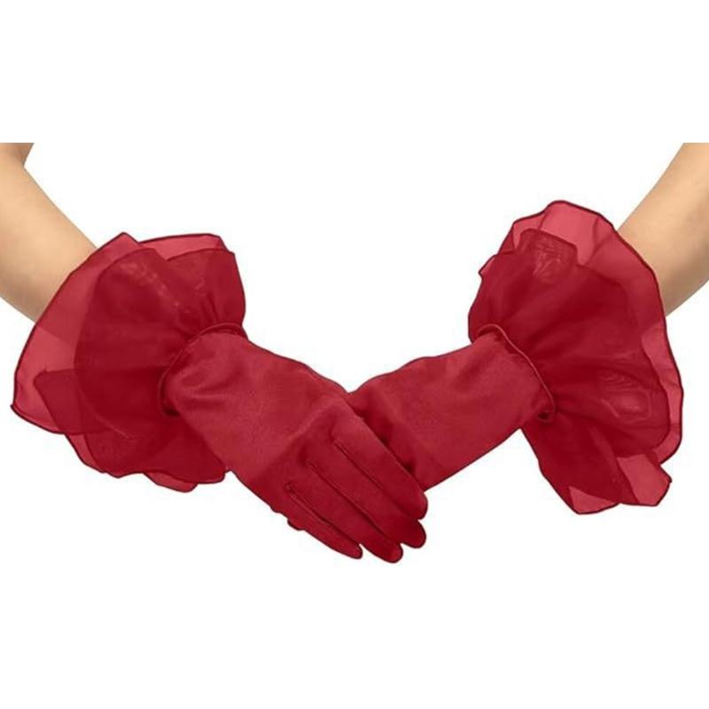 Satined Wedding Gloves with Ruffled Cuffs Design for Bride Wedding Ceremony Reception and Seasonal Occasion Handwear