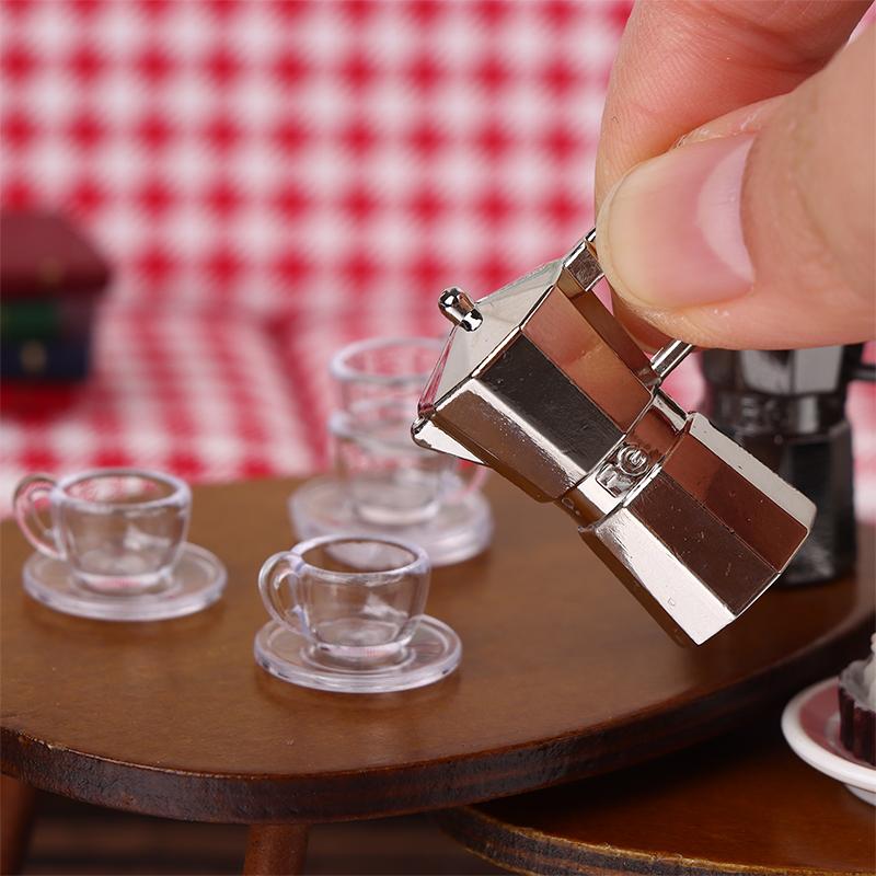 1Set 1:12 Dollhouse Miniature Coffee Pot Metal Kettle Moka Pot W/Cup Tray Kitchen Home Model Decor Toy Doll House Accessories
