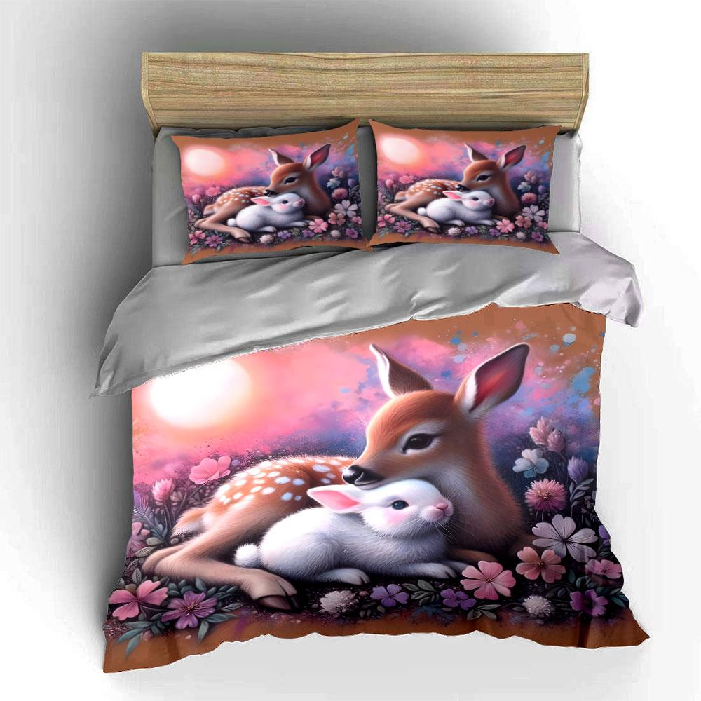 Deer and Rabbit Floral Scene Bedding Duvet Cover Set  (1*Duvet Cover 2*Pillowcases, without duvet insert)