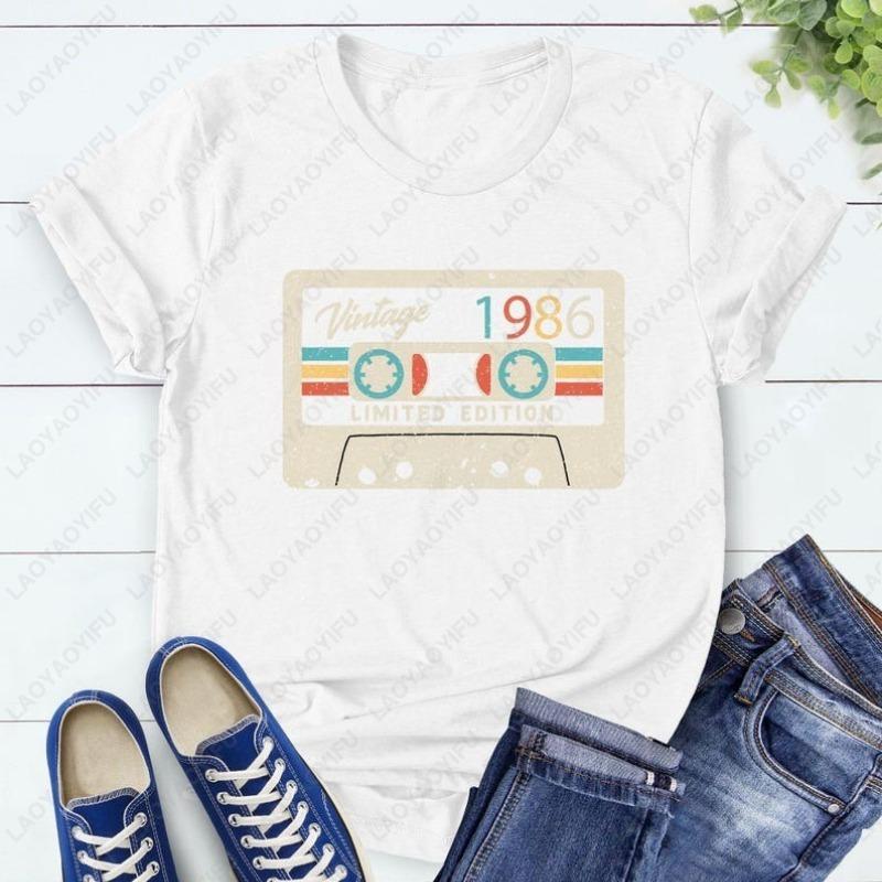 Vintage 1986 Audio Tape Street Fashion Cotton Shirt Retro Birthday Gift Men Women Classic Oneck Printed Unisex Tops Ropa Mujer