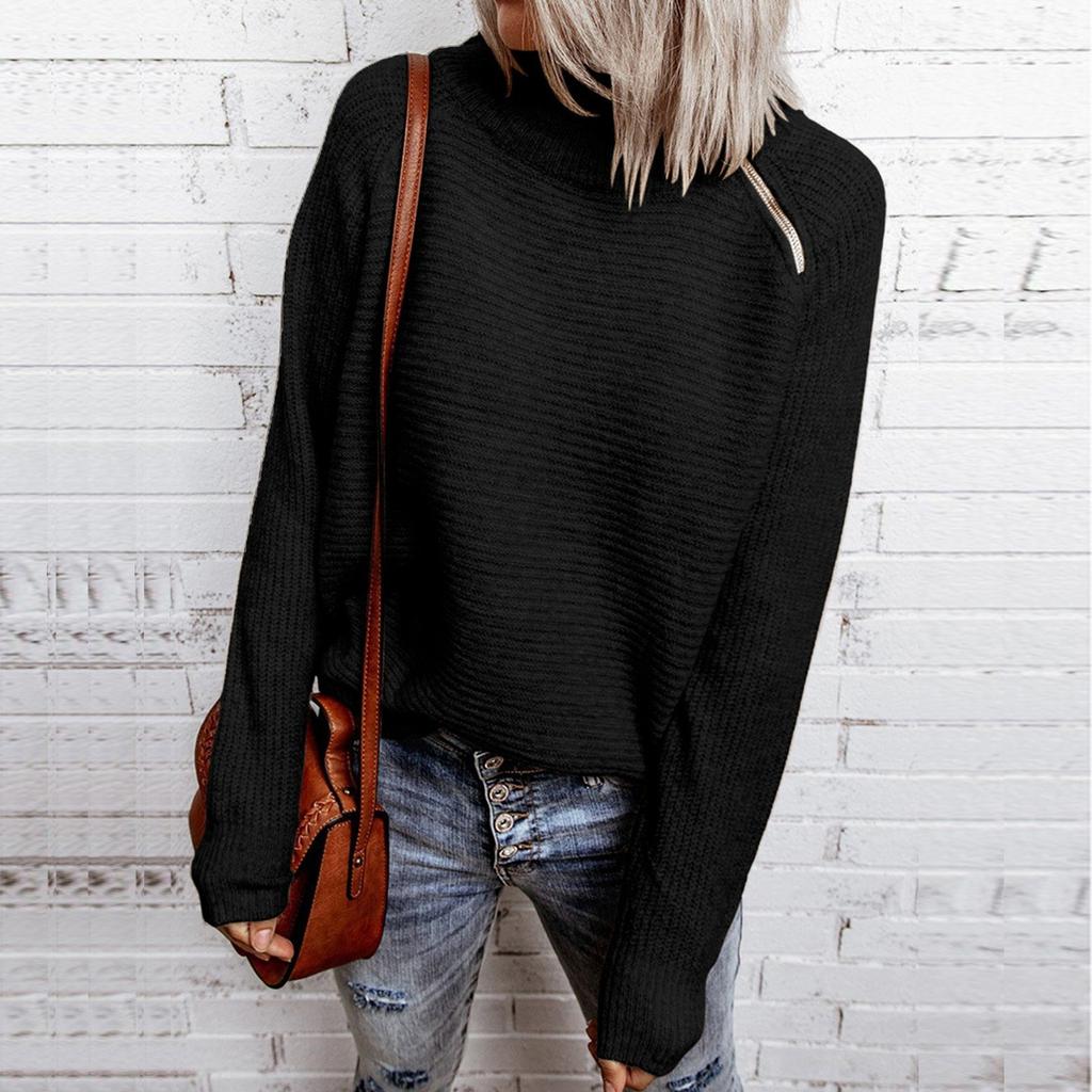 Ladies Casual Solid Color Blocking Loose Pullover High Neck Zipper Sweater