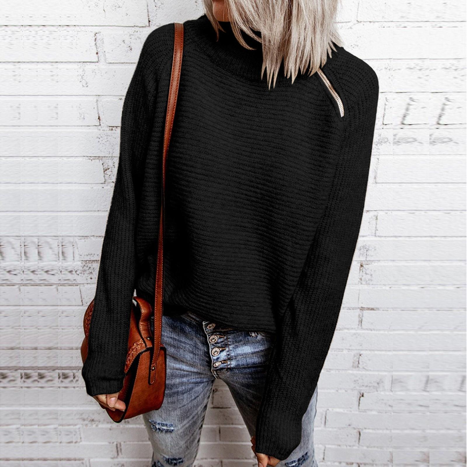 Ladies Casual Color Blocking Loose Pullover High Neck Zipper Sweater L