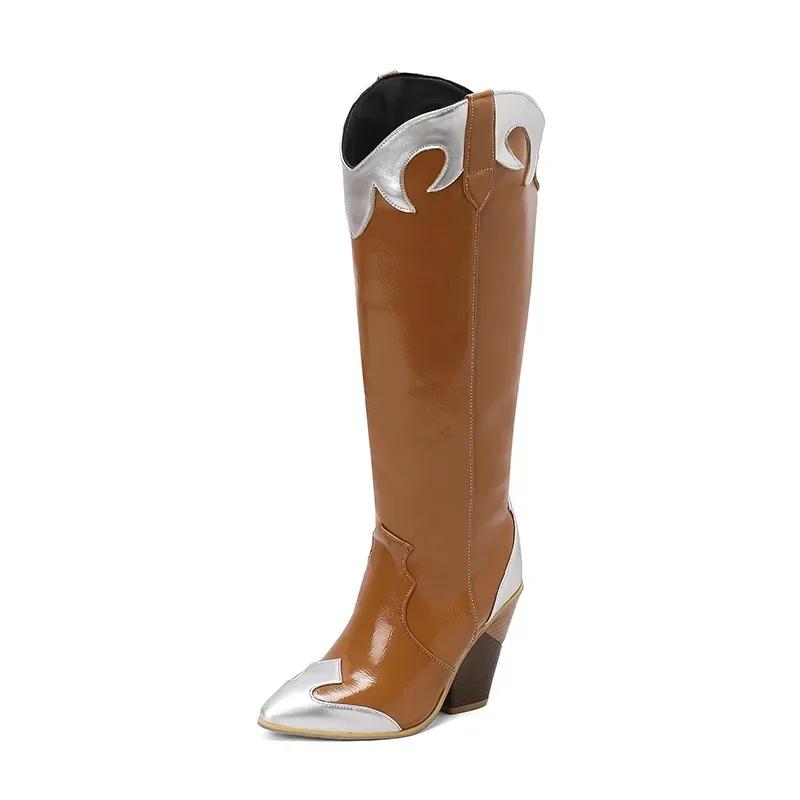 Winter Western Knee High Boots Women Wedge Heels Brown Purple Black Patchwork Retro Dress Pointed Toe Zipper Cowgirl Long Boots