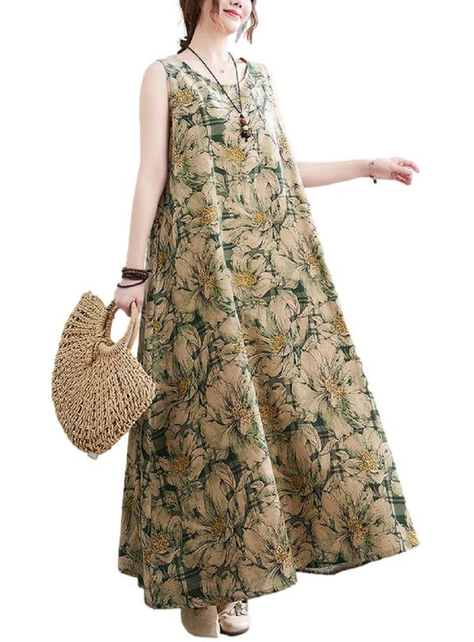 

Maison de TAO Women s Sleeveless Dress with Floral Print, Long Sleeve, Elegant Casual Summer Dress (XXL, Green)