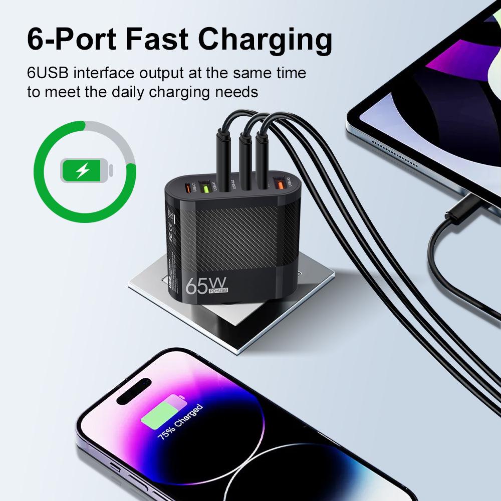 3.5A Multi-Port Charger with 3 Type-C & 3 USB Ports, Compatible with EU, US, UK Plugs