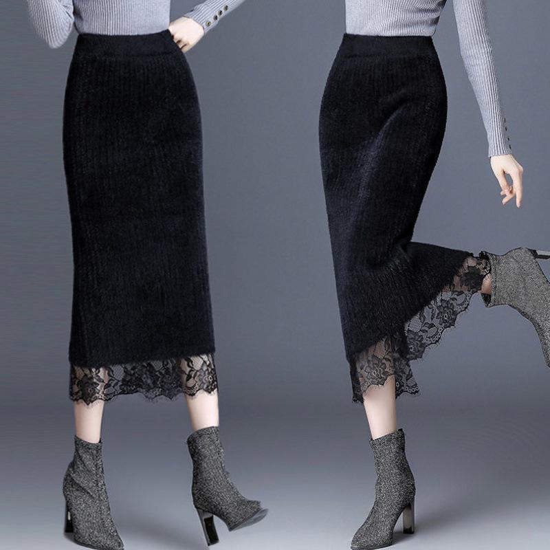 2022 Winter Faux Mink Velvet Midi Skirt with Split and Lace Detail