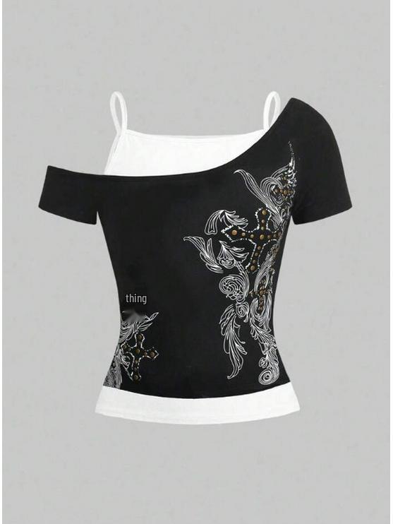 2026 Cross-border Sweet and Spicy Patchwork Punk T-shirt for Women - Irregular, Versatile Short-sleeved Top
