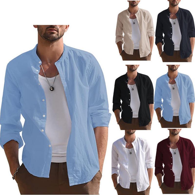 Mens Retro Casual Loose Long Sleeve Stand Collar Solid Shirt