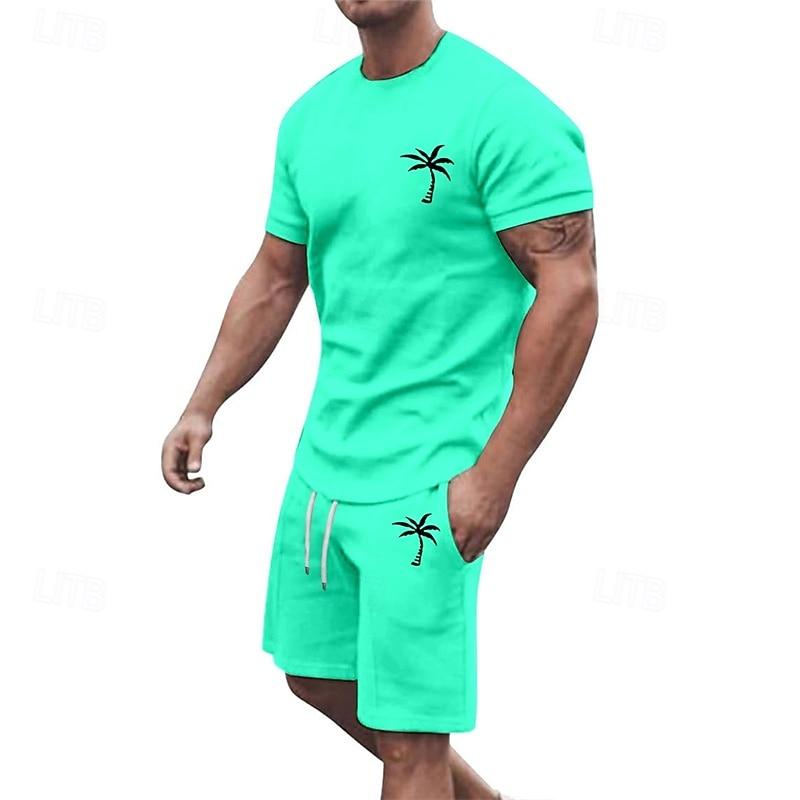 Men's T-shirt Suits 2 Pieces Outfits Tee & Shorts Short Sleeve Crew Neck Summer Coconut Tree Fashion Casual 2 Piece