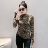 2024 European High-Neck Long-Sleeve Leopard Print Mesh T-Shirt with Hand-Beading - Women's Slim-Fit Trend