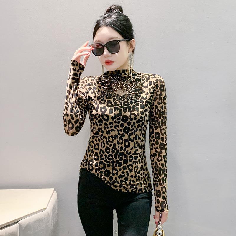 2024 European High-Neck Long-Sleeve Leopard Print Mesh T-Shirt with Hand-Beading - Women's Slim-Fit Trend