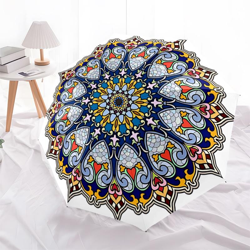 1pc Mandala Artwork, Ornamental Design Automatic Umbrella - Stylish, Durable, with 8-Rib Manual Open Design, Elegant Black Handleyy250920233