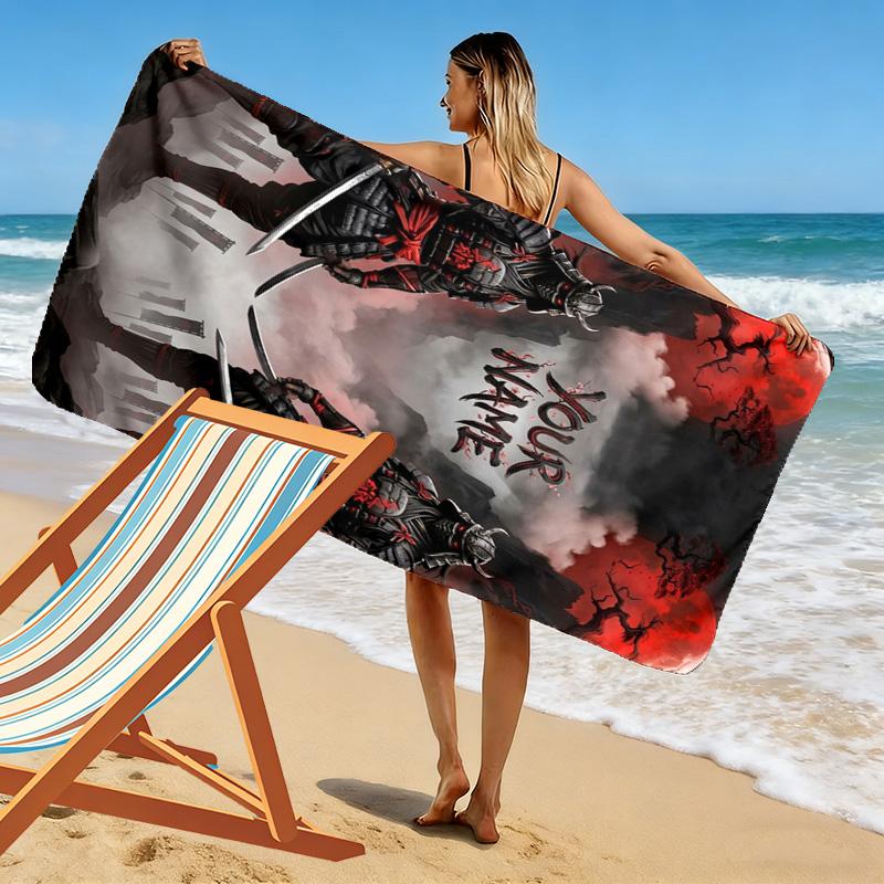 Name Custom Japanese Samurai Print Beach Towel, Large Soft Quick Dry Towel for Beach Camping Swimming