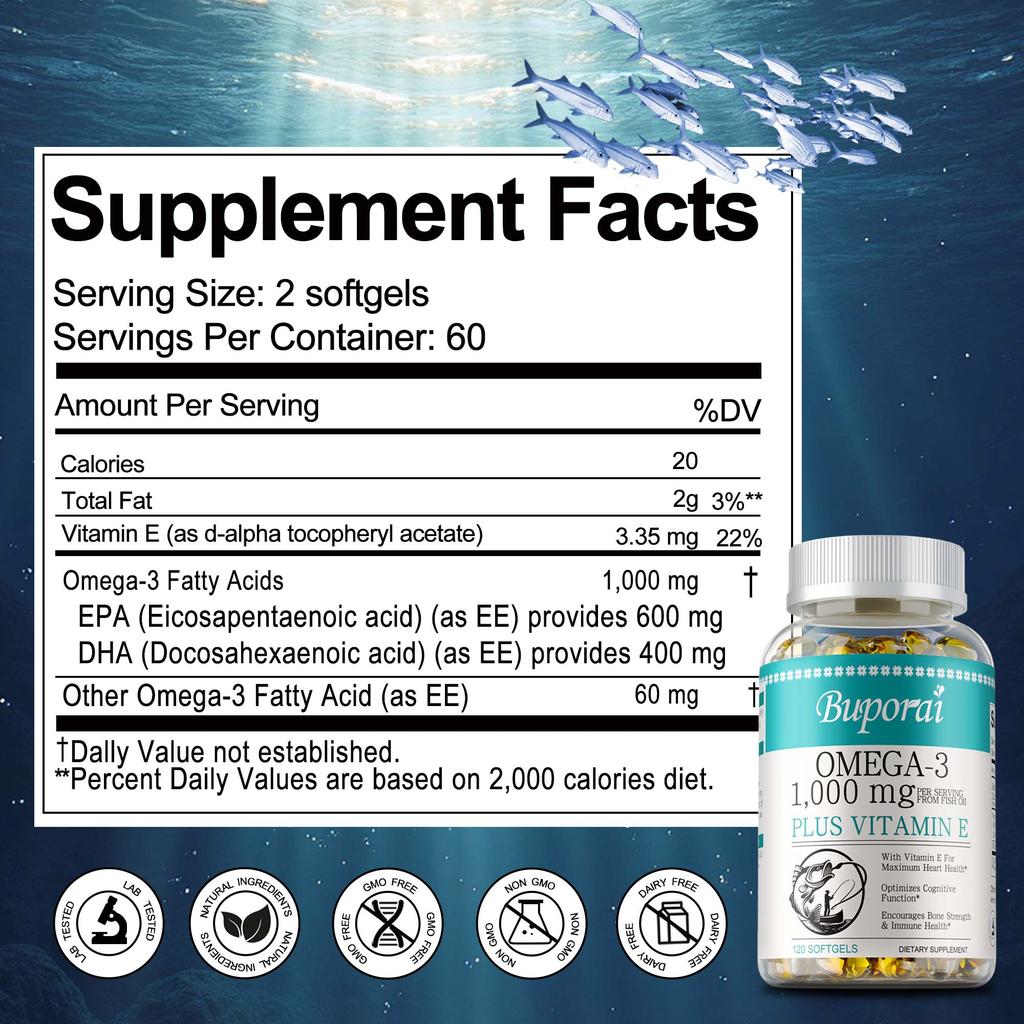 Omega-3 Tiefseefischöl-Kapseln, 1000 mg, Formuliert, Enthält Vitamin E, Hohe Reinheit, Geeignet für Männer und Frauen