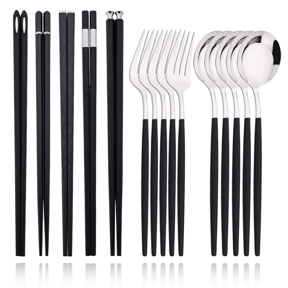 Black Gold Korean Tableware Set 15-20Pcs Luxury Cutlery Set Stainless Steel Dinnerware Knife Fork Spoon Chopsticks Cutlery Set