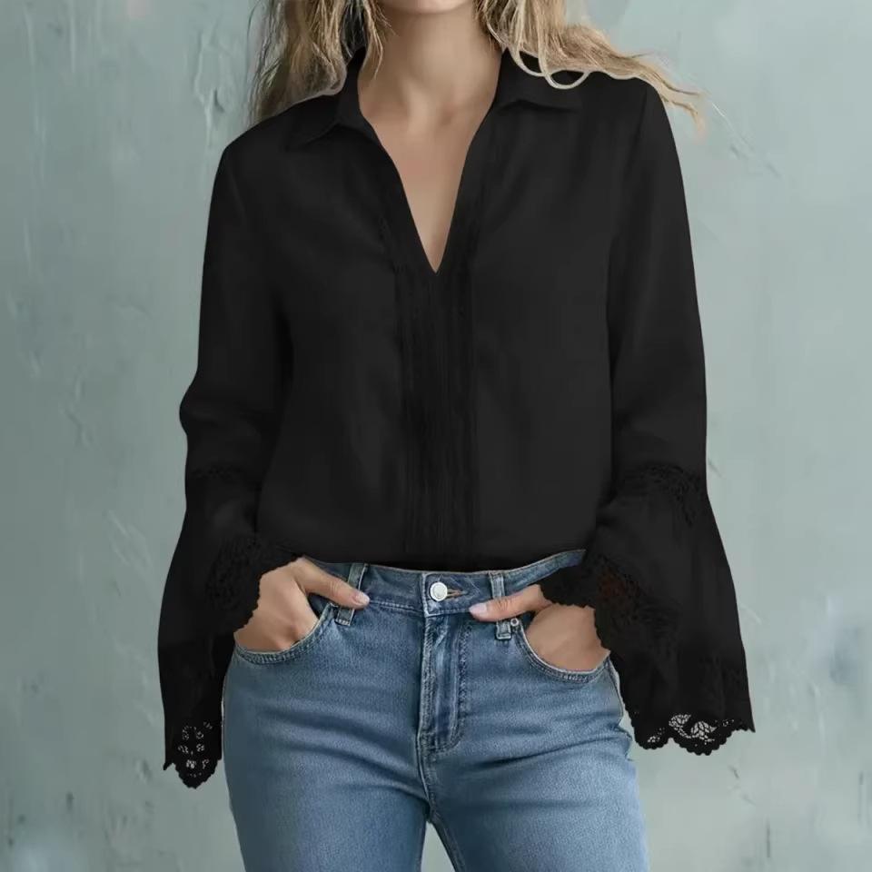 Women's V Neck Lace Sleeve Blouse Ruffle Cuff Loose Fit Shirt