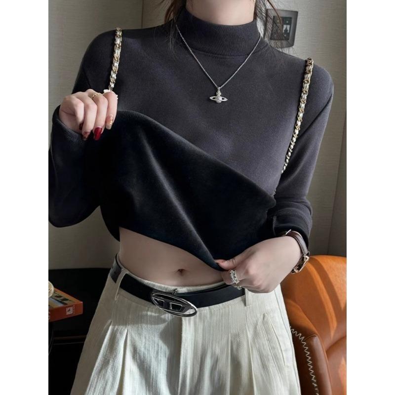 Spring semi-turtleneck bottoming shirt women's thickened integrated velvet warm suit inner top long-sleeved shirt