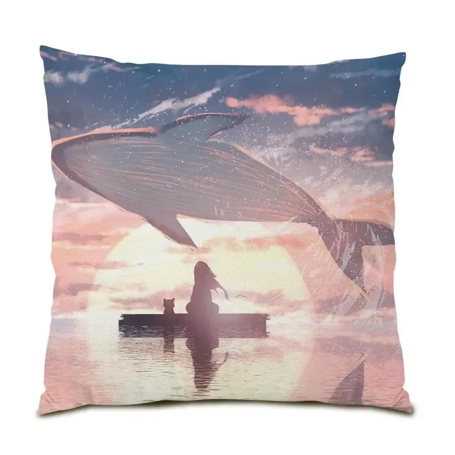 Office Sofa Cushion Cover Simple Illustration Cartoon Scenery Pillow Cover Luxury Home Decoration Cushion Cover