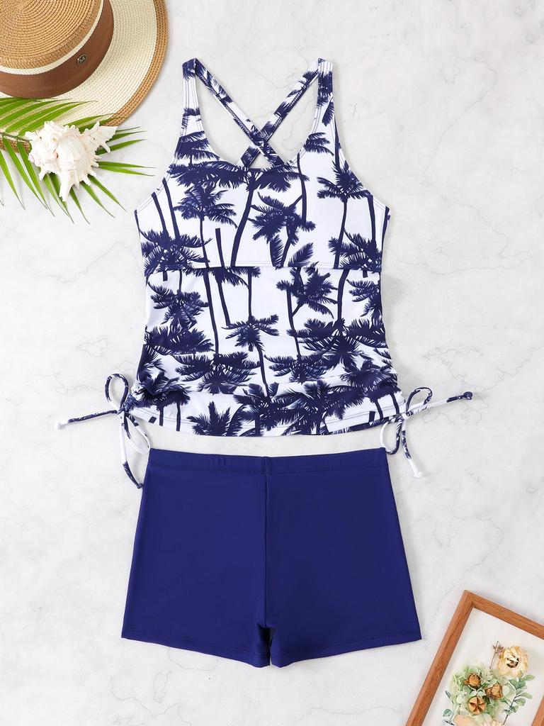 2026 Women's Coconut Tree Print Tankini Set with High-Waisted Briefs