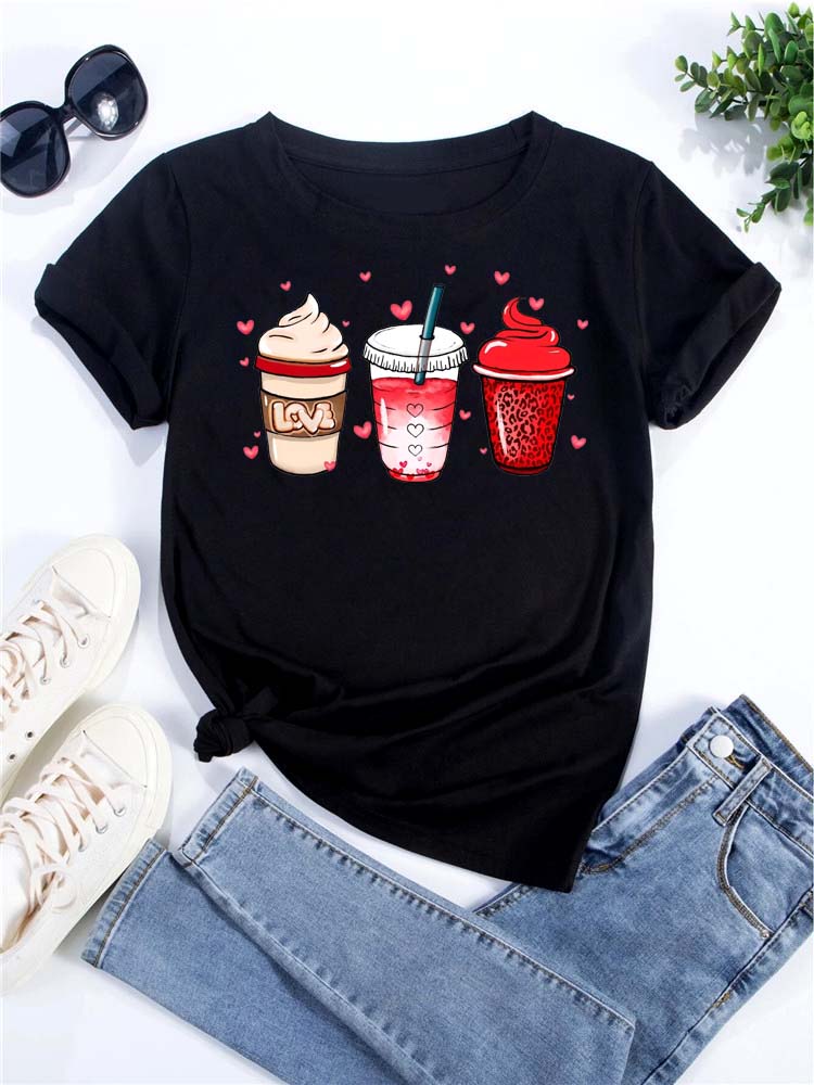 

Maycaur Women s Oversized T-shirt Tee Korean Fashion Coffee Cup Print Graphic Female Clothes Valentine s Day Tops Lover T Shirts S