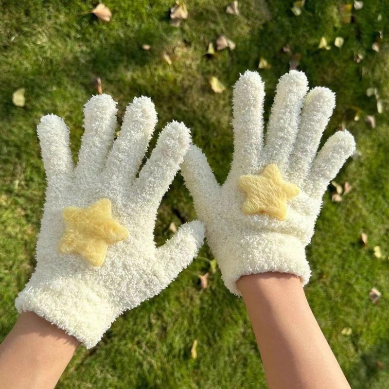 Women Coral Velvet Gloves Outdoor Warmer Soft Cartoon Star Cute Plush Cycling Solid Winter