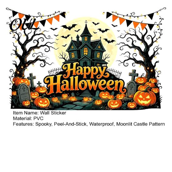 Decorative Glass Door Stickers Happy Halloween Wall Stickers, Moonlit Castle Pumpkin Clings, Waterproof Easy Apply Decals Haunted House for