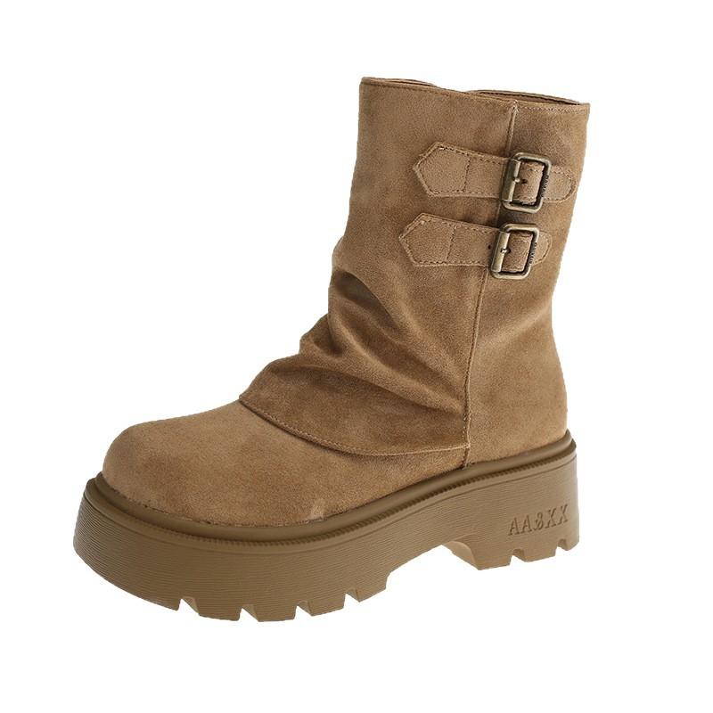 Korean version of fashion buckle retro belt new autumn thick heel round head thick sole Martin boots women's locomotive boots short tube