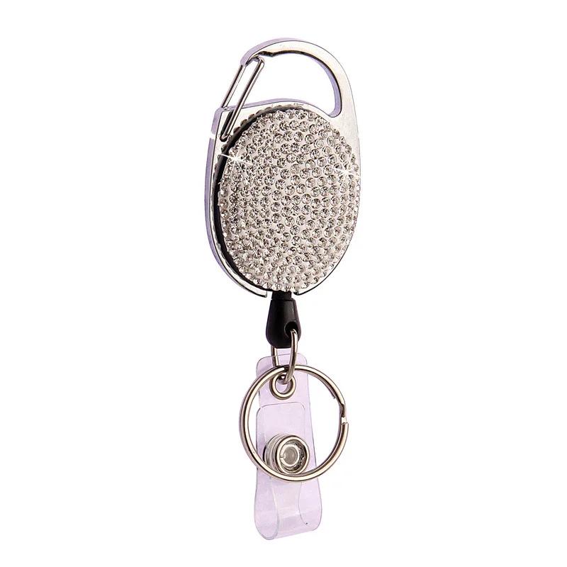 1pc Sparkle Retractable Crystal ID Name BadgeHolderBling Work Card Badge Reel,Fashion Rhinestone Badge Car Bag Keychain