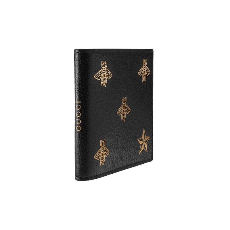 Gucci Bee Print Short Bifold Leather Wallet Men's Black